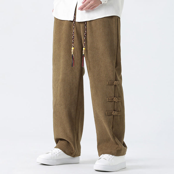 Buddha Stones Schlichte Herren-Cordhose mit chinesischem Frosch-Knopf-Design und Kordelzug und Taschen - image 2