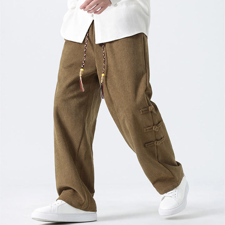 Buddha Stones Schlichte Herren-Cordhose mit chinesischem Frosch-Knopf-Design und Kordelzug und Taschen - image 1