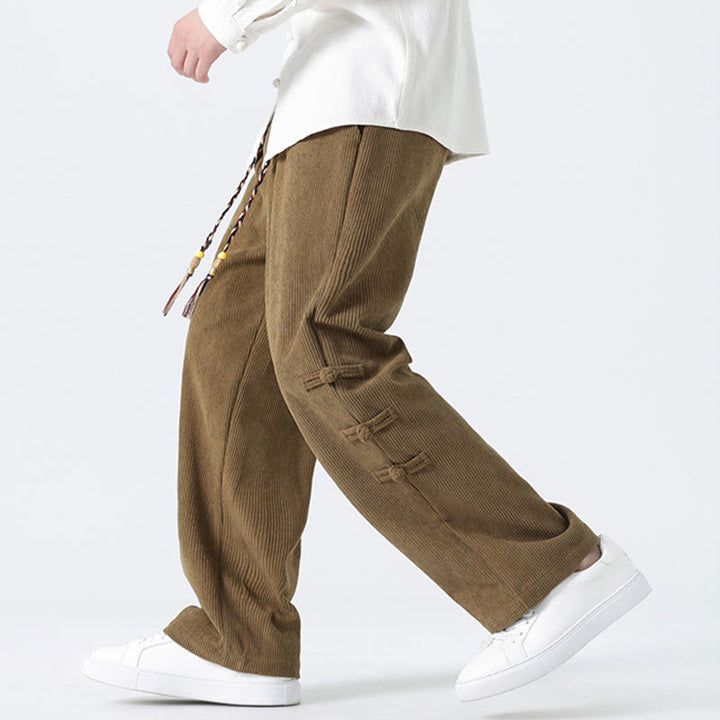 Buddha Stones Schlichte Herren-Cordhose mit chinesischem Frosch-Knopf-Design und Kordelzug und Taschen - image 3
