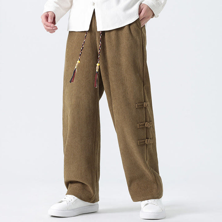 Buddha Stones Schlichte Herren-Cordhose mit chinesischem Frosch-Knopf-Design und Kordelzug und Taschen - image 4