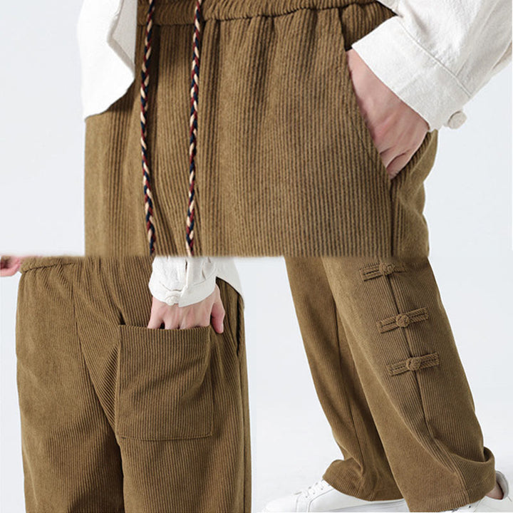 Buddha Stones Schlichte Herren-Cordhose mit chinesischem Frosch-Knopf-Design und Kordelzug und Taschen - image 10