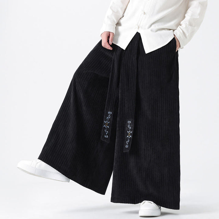 Buddha Stones Lässige Herren-Cordhose mit weitem Bein und Taschen, Stickerei und Kordelzug - image 21