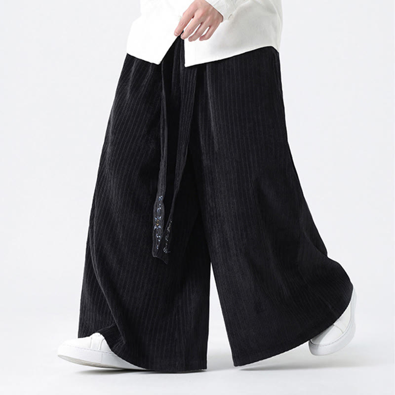 Buddha Stones Lässige Herren-Cordhose mit weitem Bein und Taschen, Stickerei und Kordelzug - image 17