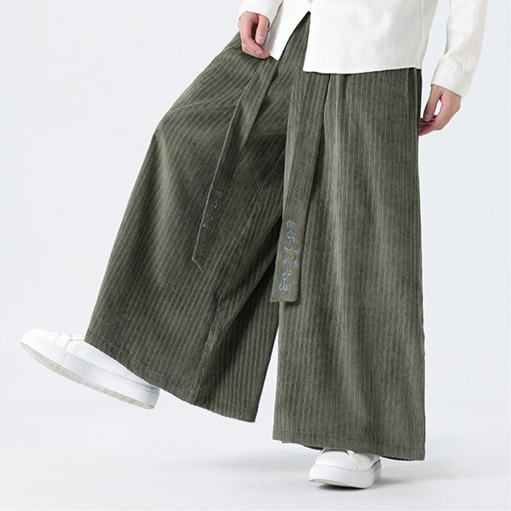 Buddha Stones Lässige Herren-Cordhose mit weitem Bein und Taschen, Stickerei und Kordelzug - image 9