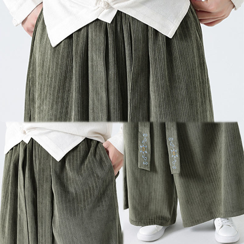 Buddha Stones Lässige Herren-Cordhose mit weitem Bein und Taschen, Stickerei und Kordelzug - image 12