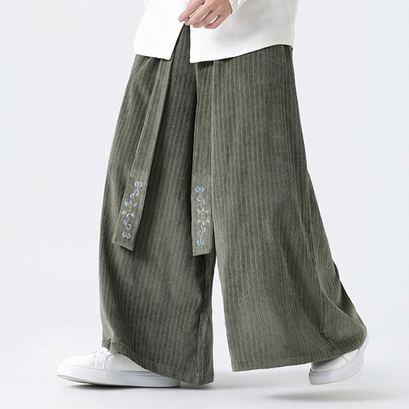 Buddha Stones Lässige Herren-Cordhose mit weitem Bein und Taschen, Stickerei und Kordelzug - image 3