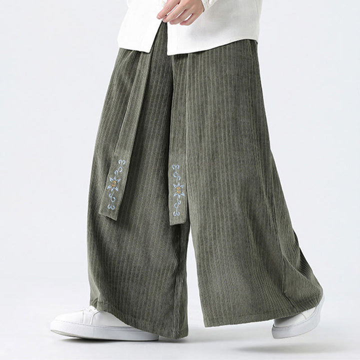 Buddha Stones Lässige Herren-Cordhose mit weitem Bein und Taschen, Stickerei und Kordelzug - image 3