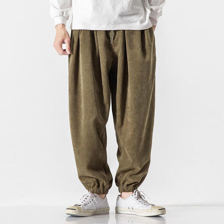Buddha Stones Lässige, einfarbige Herren-Haremshose aus Cord mit Kordelzug und Taschen - Olive - US/UK/AU46, EU56 (5XL) - image 18