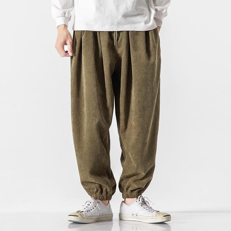 Buddha Stones Lässige, einfarbige Herren-Haremshose aus Cord mit Kordelzug und Taschen - Olive - US/ UK/AU46, EU56 (5XL) - image 18