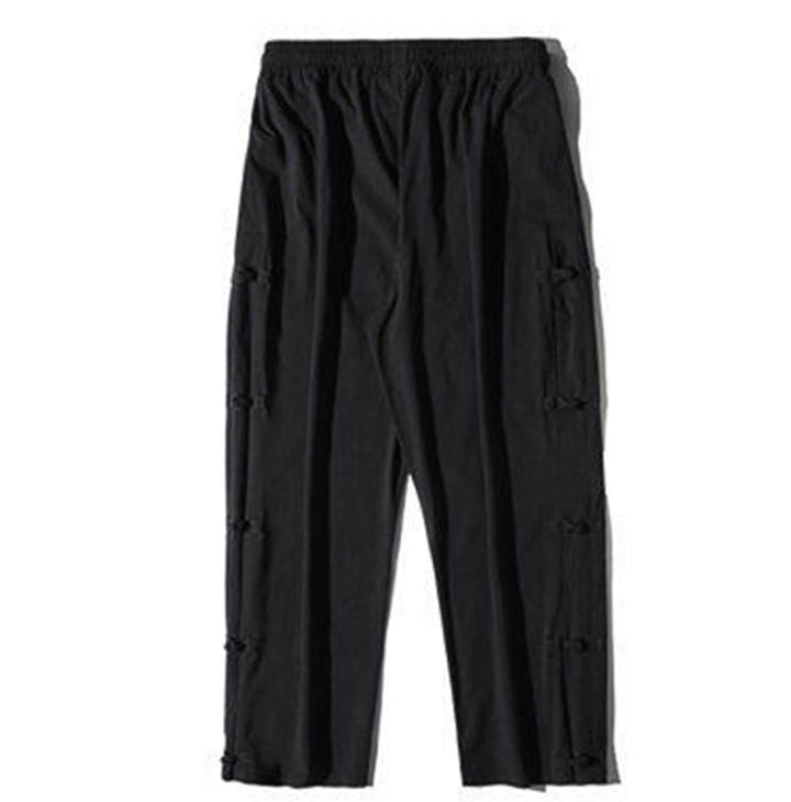 Buddha Stones Lässige Patchwork-Herrenhose mit weitem Bein und Taschen im Kranichmuster mit Froschknopf-Design - image 11