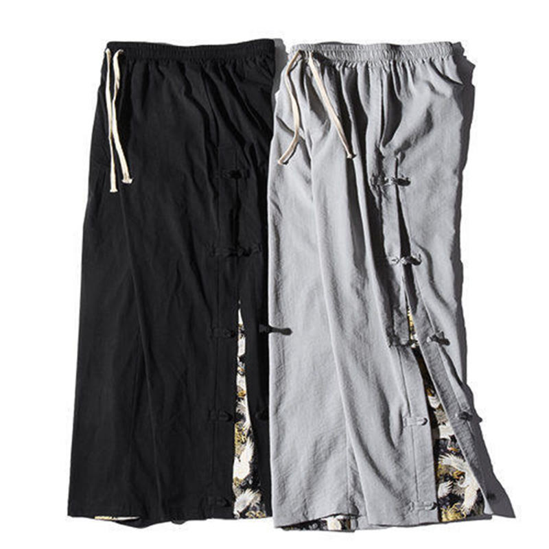 Buddha Stones Lässige Patchwork-Herrenhose mit weitem Bein und Taschen im Kranichmuster mit Froschknopf-Design - image 32