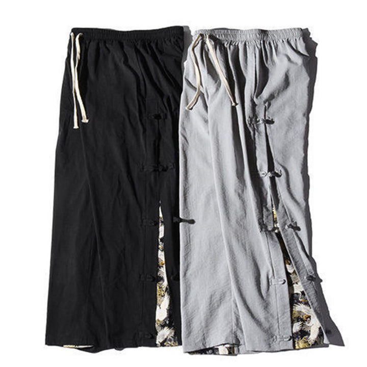 Buddha Stones Lässige Patchwork-Herrenhose mit weitem Bein und Taschen im Kranichmuster mit Froschknopf-Design - image 32