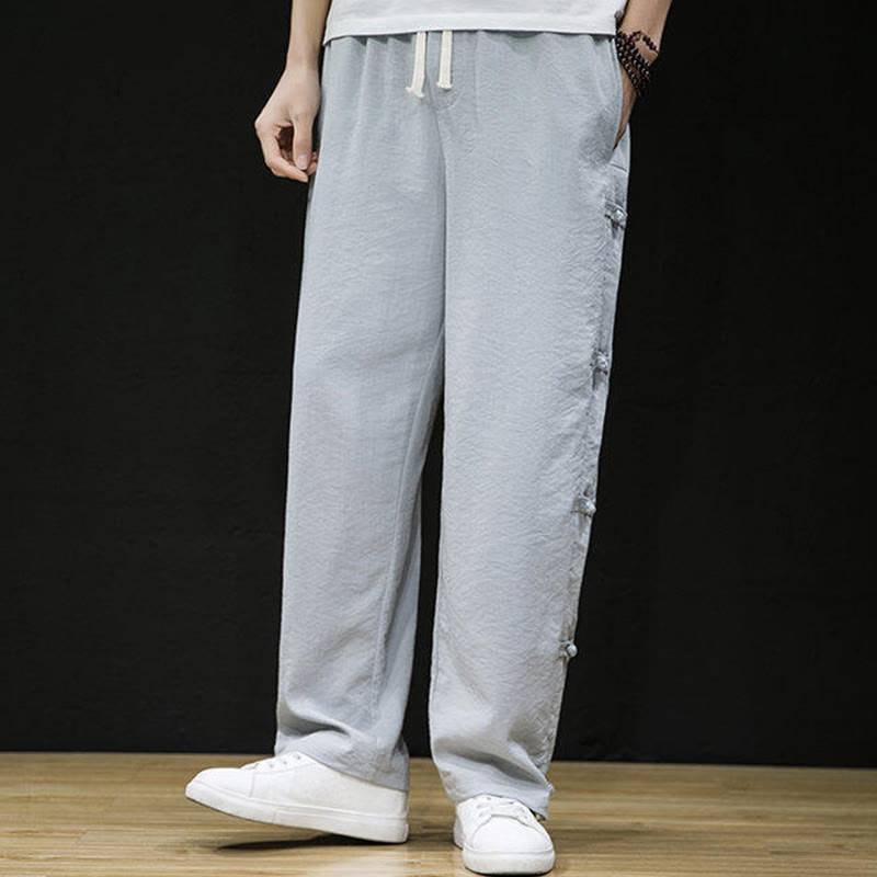 Buddha Stones Lässige Patchwork-Herrenhose mit weitem Bein und Taschen im Kranichmuster mit Froschknopf-Design - image 13