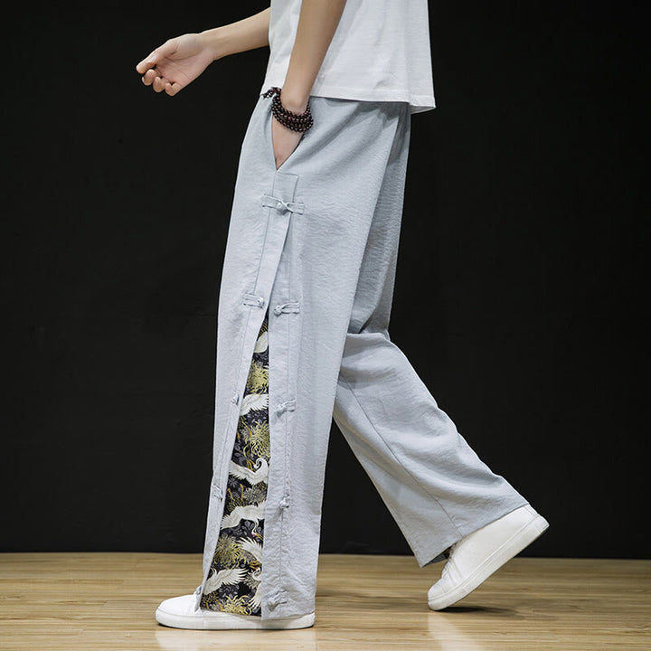 Buddha Stones Lässige Patchwork-Herrenhose mit weitem Bein und Taschen im Kranichmuster mit Froschknopf-Design - image 18