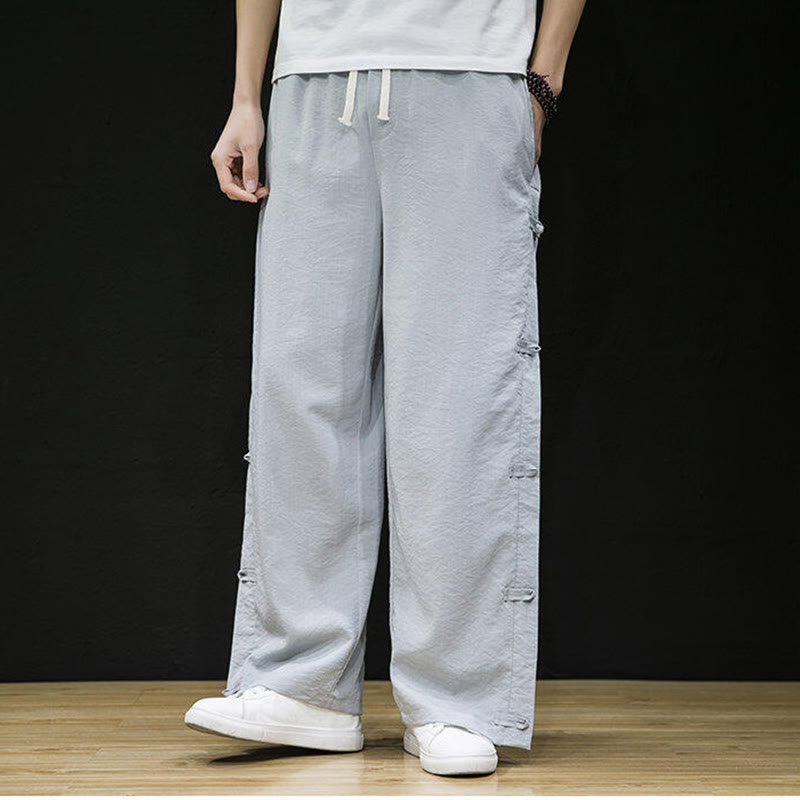 Buddha Stones Lässige Patchwork-Herrenhose mit weitem Bein und Taschen im Kranichmuster mit Froschknopf-Design - image 17