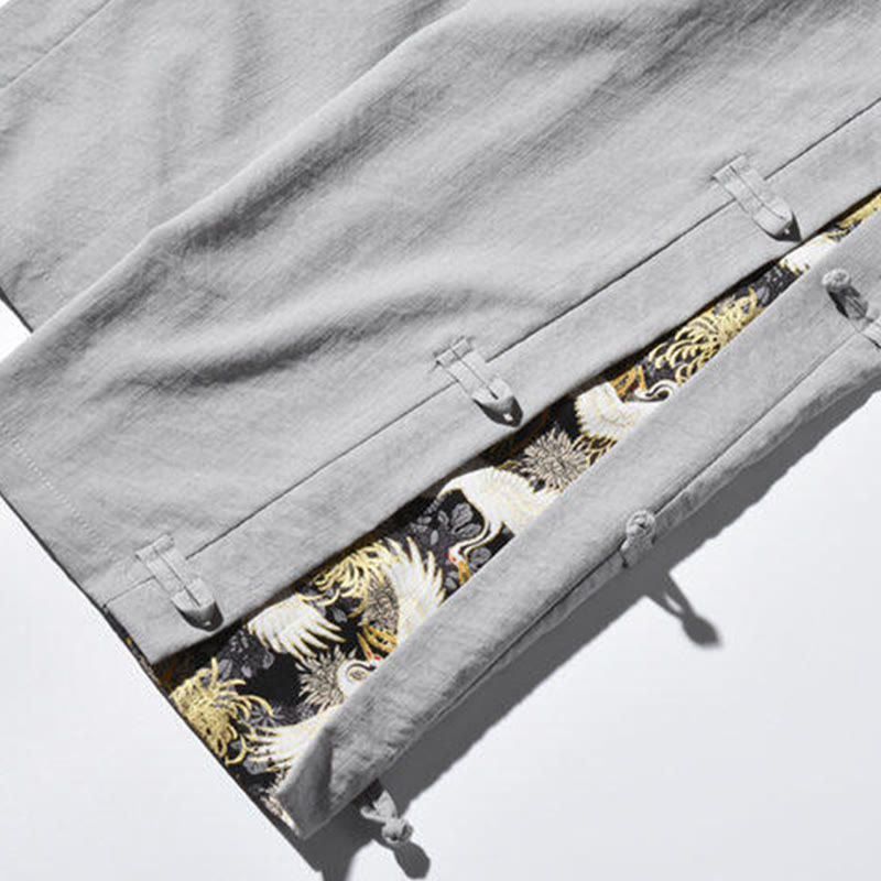 Buddha Stones Lässige Patchwork-Herrenhose mit weitem Bein und Taschen im Kranichmuster mit Froschknopf-Design - image 29