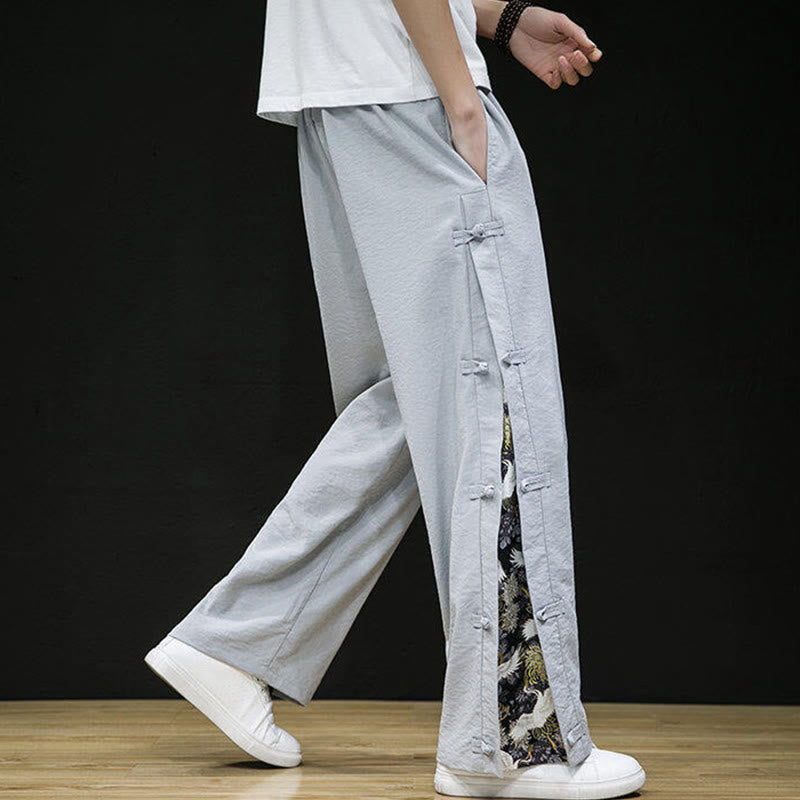 Buddha Stones Lässige Patchwork-Herrenhose mit weitem Bein und Taschen im Kranichmuster mit Froschknopf-Design - image 19