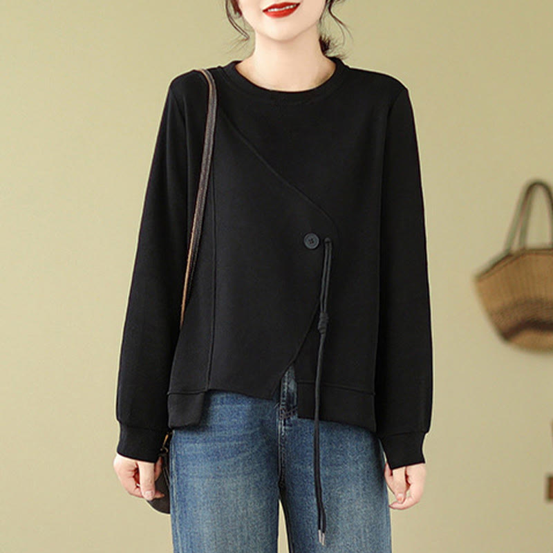 Buddha Stones Fall Plain Button Rundhalsausschnitt Baumwolle Pullover Damen Sweatshirt  - image 2