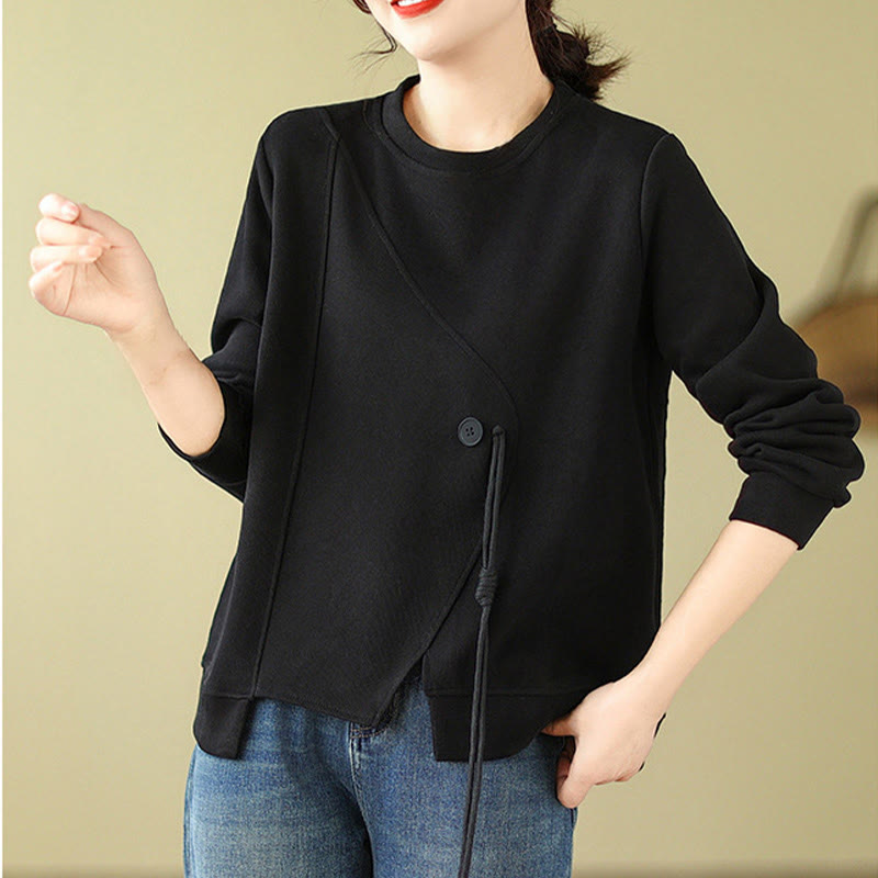 Buddha Stones Fall Plain Button Rundhalsausschnitt Baumwolle Pullover Damen Sweatshirt  - image 4