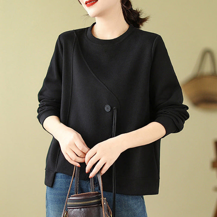 Buddha Stones Fall Plain Button Rundhalsausschnitt Baumwolle Pullover Damen Sweatshirt  - image 3