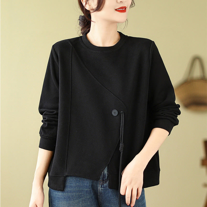 Buddha Stones Fall Plain Button Rundhalsausschnitt Baumwolle Pullover Damen Sweatshirt  - Schwarz - US12， UK/AU16，EU44 (2XL) - image 1