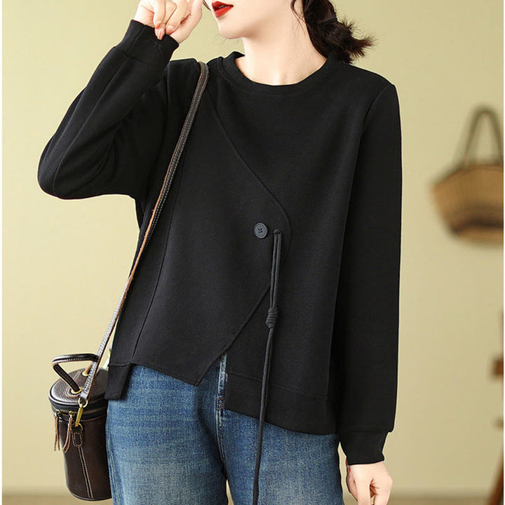 Buddha Stones Fall Plain Button Rundhalsausschnitt Baumwolle Pullover Damen Sweatshirt  - image 5