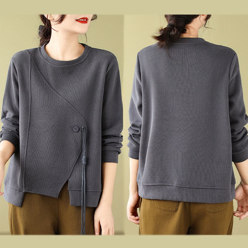 Buddha Stones Fall Plain Button Rundhalsausschnitt Baumwolle Pullover Damen Sweatshirt  - image 11