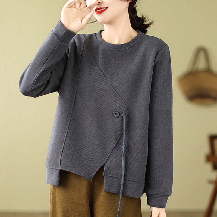 Buddha Stones Fall Plain Button Rundhalsausschnitt Baumwolle Pullover Damen Sweatshirt  - Dunkelgrau - US12， UK/AU16，EU44 (2XL) - image 7
