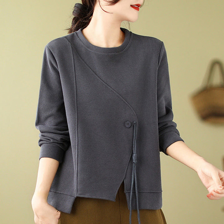Buddha Stones Fall Plain Button Rundhalsausschnitt Baumwolle Pullover Damen Sweatshirt  - image 10