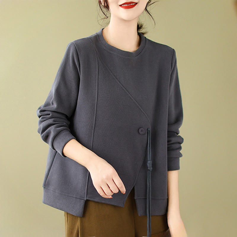 Buddha Stones Fall Plain Button Rundhalsausschnitt Baumwolle Pullover Damen Sweatshirt  - image 8