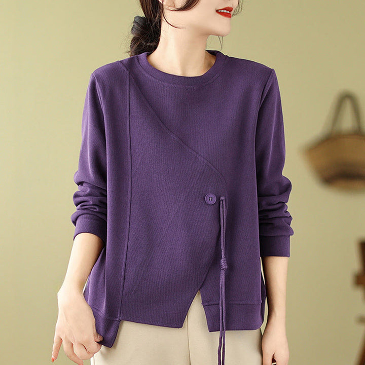 Buddha Stones Fall Plain Button Rundhalsausschnitt Baumwolle Pullover Damen Sweatshirt  - image 15
