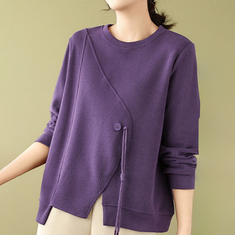Buddha Stones Fall Plain Button Rundhalsausschnitt Baumwolle Pullover Damen Sweatshirt  - Lila - US12， UK/AU16，EU44 (2XL) - image 12