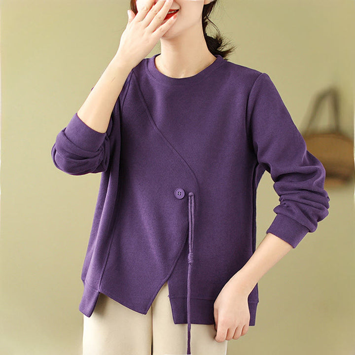 Buddha Stones Fall Plain Button Rundhalsausschnitt Baumwolle Pullover Damen Sweatshirt  - image 13