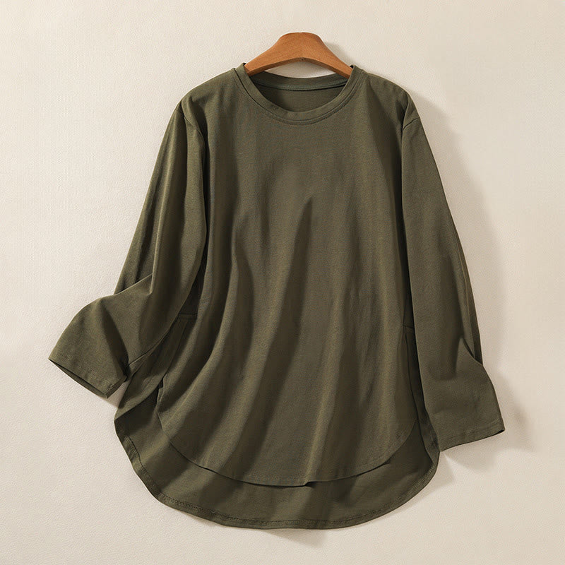 Buddha Stones Lässiges Damen-Langarm-T-Shirt aus reiner Baumwolle und Leinen mit unregelmäßigem Saum - DunkelOlivGrün - US14， UK/AU18，EU46 (2XL) - image 1