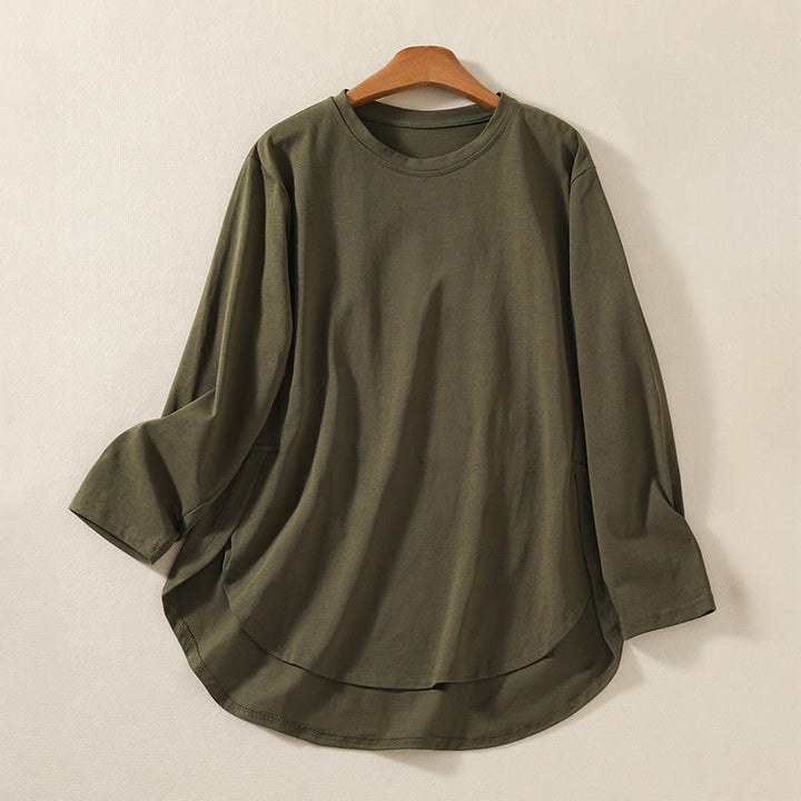 Buddha Stones Lässiges Damen-Langarm-T-Shirt aus reiner Baumwolle und Leinen mit unregelmäßigem Saum - DunkelOlivGrün - US14， UK/AU18，EU46 (2XL) - image 1