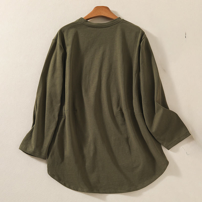 Buddha Stones Lässiges Damen-Langarm-T-Shirt aus reiner Baumwolle und Leinen mit unregelmäßigem Saum - image 2