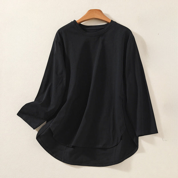 Buddha Stones Lässiges Damen-Langarm-T-Shirt aus reiner Baumwolle und Leinen mit unregelmäßigem Saum - Schwarz - US14， UK/AU18，EU46 (2XL) - image 8