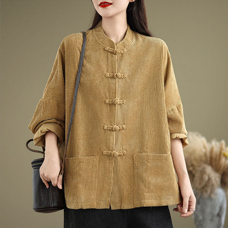 Buddha Stones Damen-Cordjacke aus Baumwollleinen mit Froschknopf und Stehkragen - image 2
