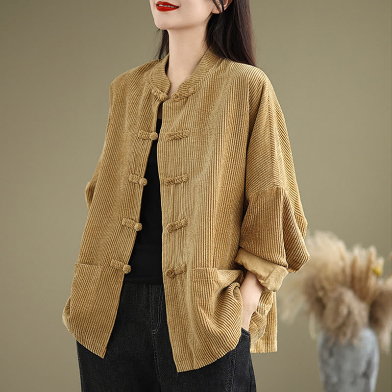 Buddha Stones Damen-Cordjacke aus Baumwollleinen mit Froschknopf und Stehkragen - Goldrute - US14， UK/AU18，EU46 (2XL) - image 1