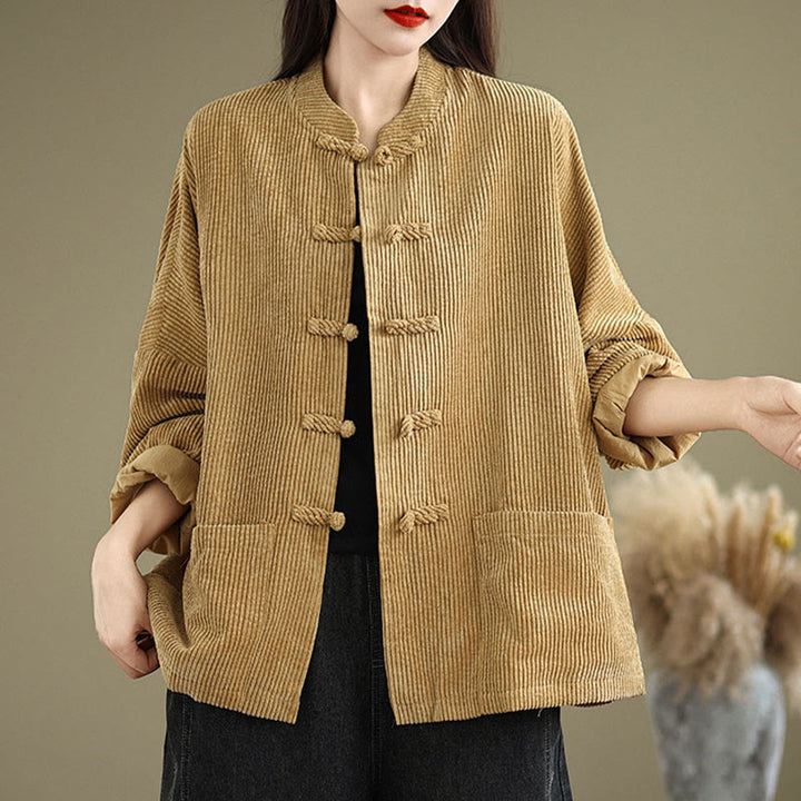 Buddha Stones Damen-Cordjacke aus Baumwollleinen mit Froschknopf und Stehkragen - image 3