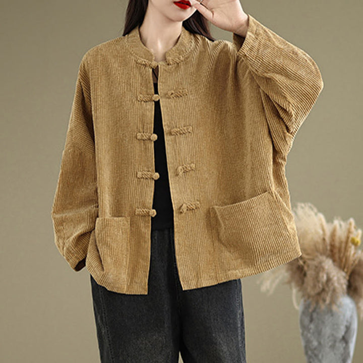 Buddha Stones Damen-Cordjacke aus Baumwollleinen mit Froschknopf und Stehkragen - image 4