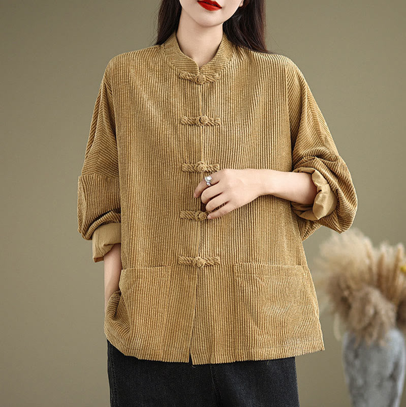 Buddha Stones Damen-Cordjacke aus Baumwollleinen mit Froschknopf und Stehkragen - image 5
