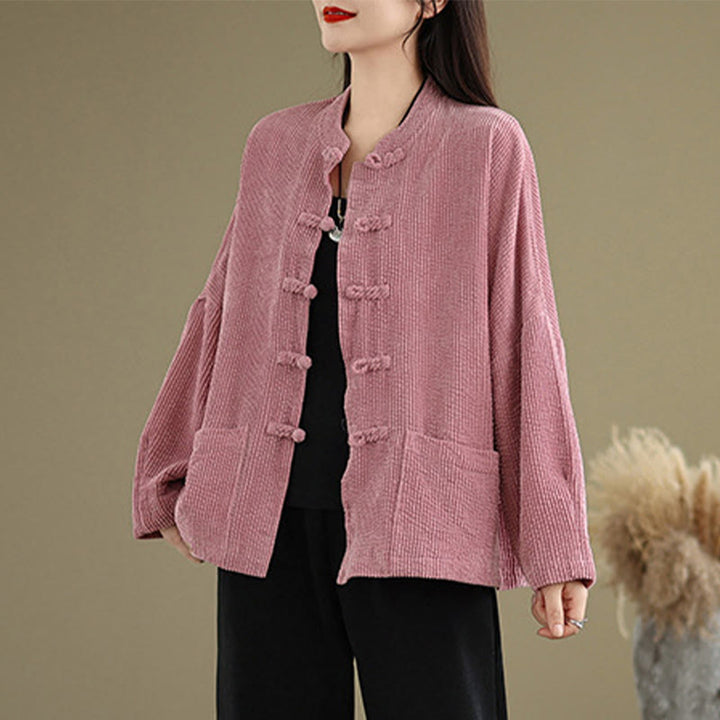 Buddha Stones Damen-Cordjacke aus Baumwollleinen mit Froschknopf und Stehkragen - BlassViolettRot - US14， UK/AU18，EU46 (2XL) - image 10