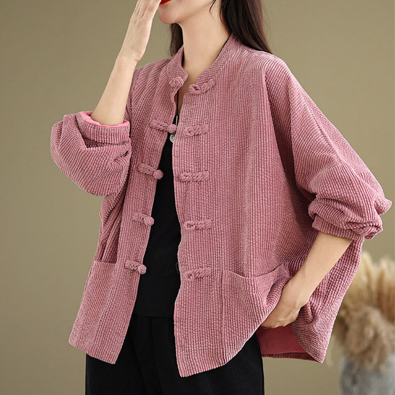 Buddha Stones Damen-Cordjacke aus Baumwollleinen mit Froschknopf und Stehkragen - image 15