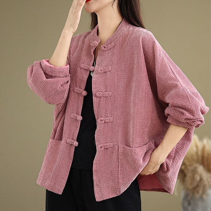 Buddha Stones Damen-Cordjacke aus Baumwollleinen mit Froschknopf und Stehkragen - image 15