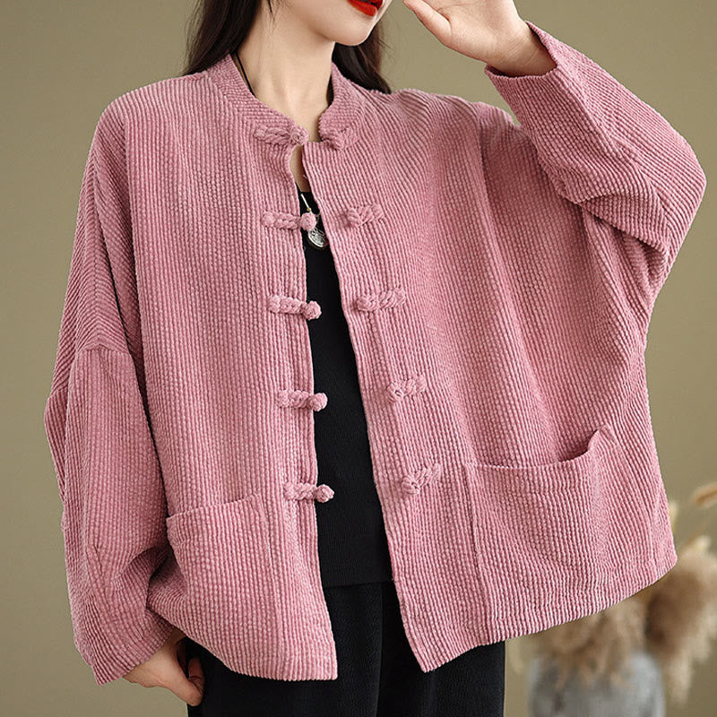 Buddha Stones Damen-Cordjacke aus Baumwollleinen mit Froschknopf und Stehkragen - image 13