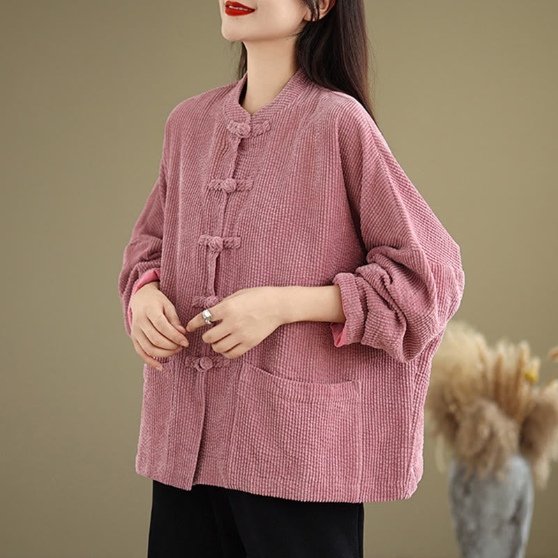 Buddha Stones Damen-Cordjacke aus Baumwollleinen mit Froschknopf und Stehkragen - image 14