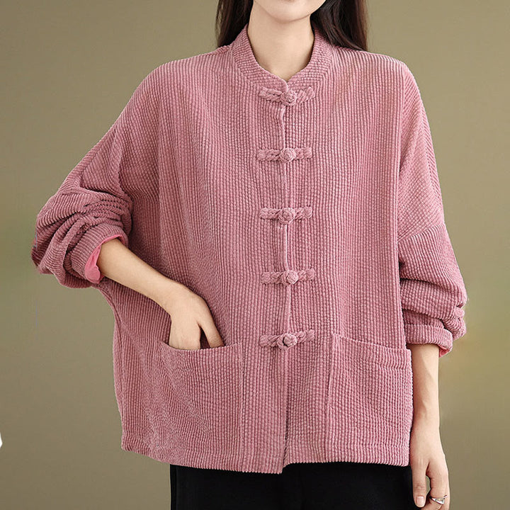 Buddha Stones Damen-Cordjacke aus Baumwollleinen mit Froschknopf und Stehkragen - image 11