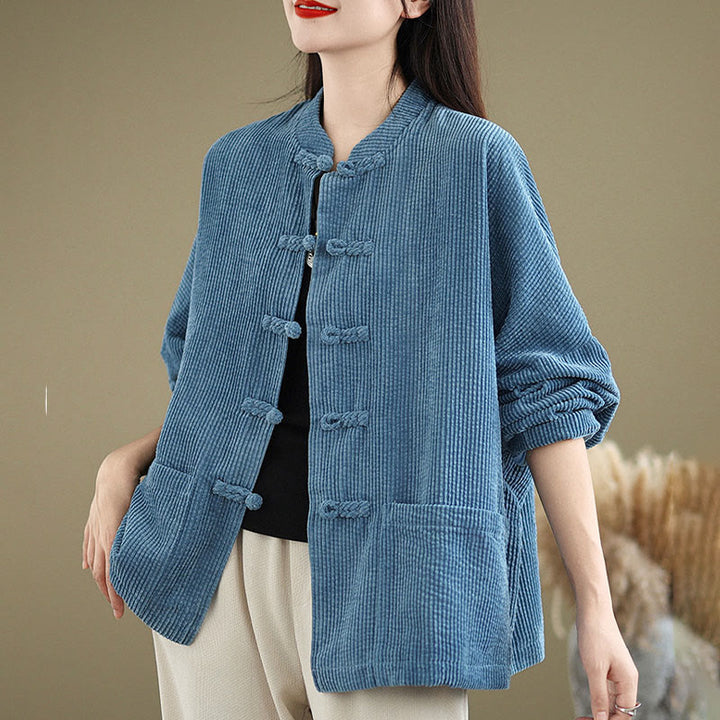 Buddha Stones Damen-Cordjacke aus Baumwollleinen mit Froschknopf und Stehkragen - image 18