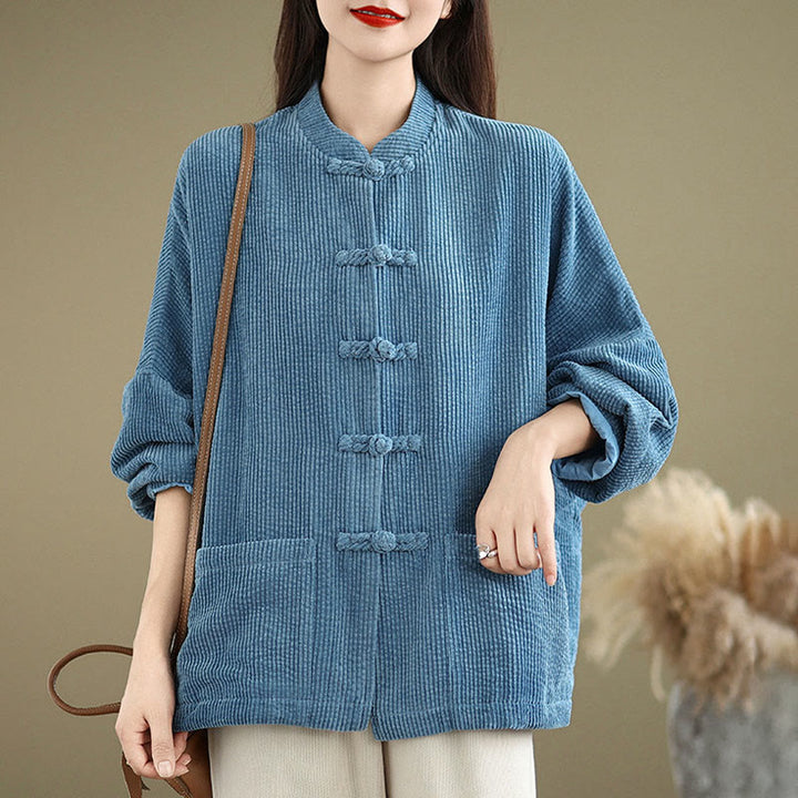 Buddha Stones Damen-Cordjacke aus Baumwollleinen mit Froschknopf und Stehkragen - image 19